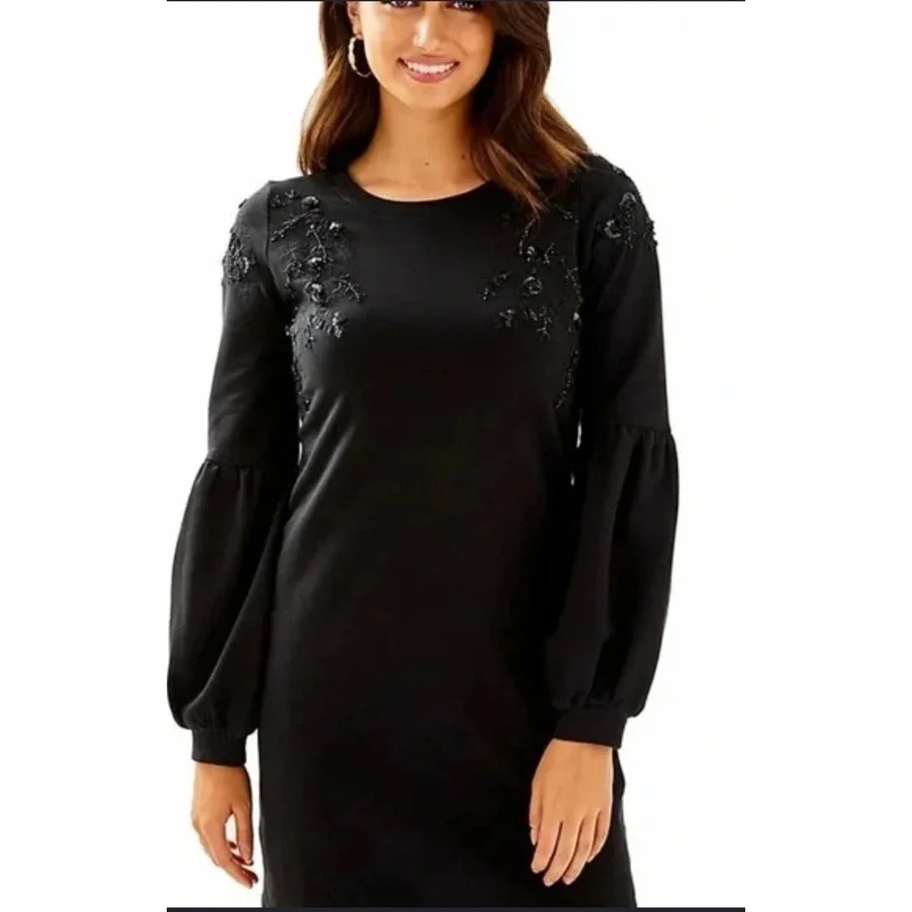 Lilly Pulitzer Black French Terry Embellished Shift Dress Blouson Sleeve XL - Picture 1 of 10
